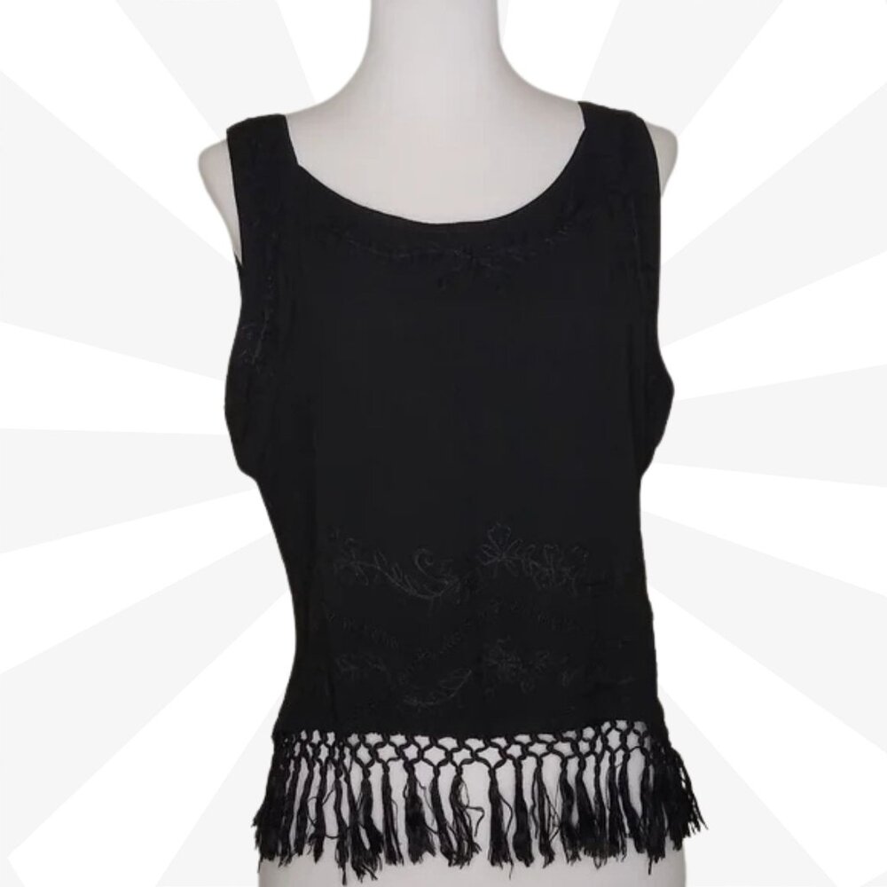 Fabulous Black Boho Top Size M Embroidered Fringe Scoop Neck Cropped Pullover